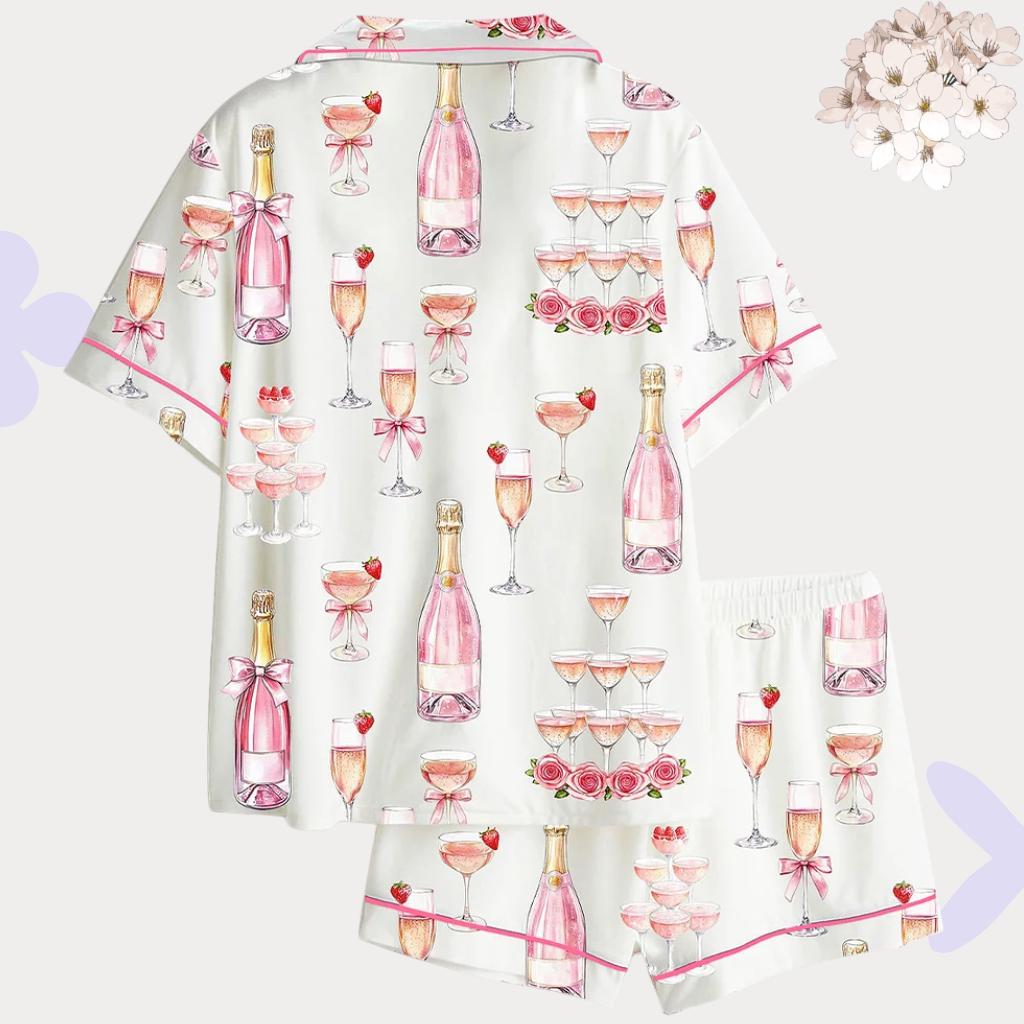 Pink Champagne & Roses Satin Pajamas – Bridal Party Luxury Sleepwear Set