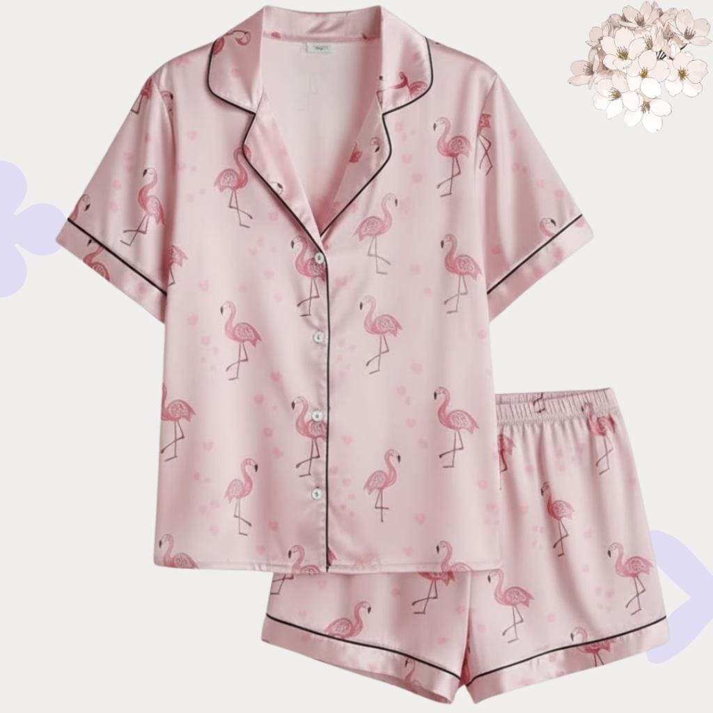 Pink Flamingo Satin Pajamas – Tropical Bridal Party Sleepwear