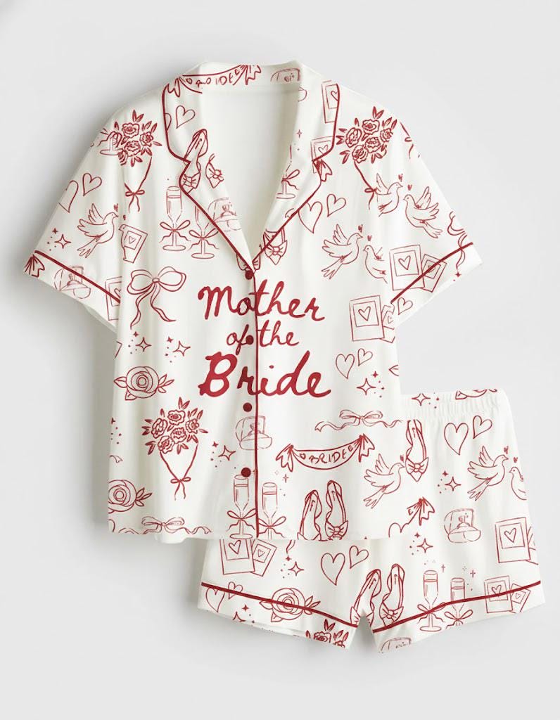 Mother Of The Bride Pajamas Satin, Going To The Chapel Getting Ready Wedding Party Red Print Pajama Set, Pajama Wedding Gifts For Her