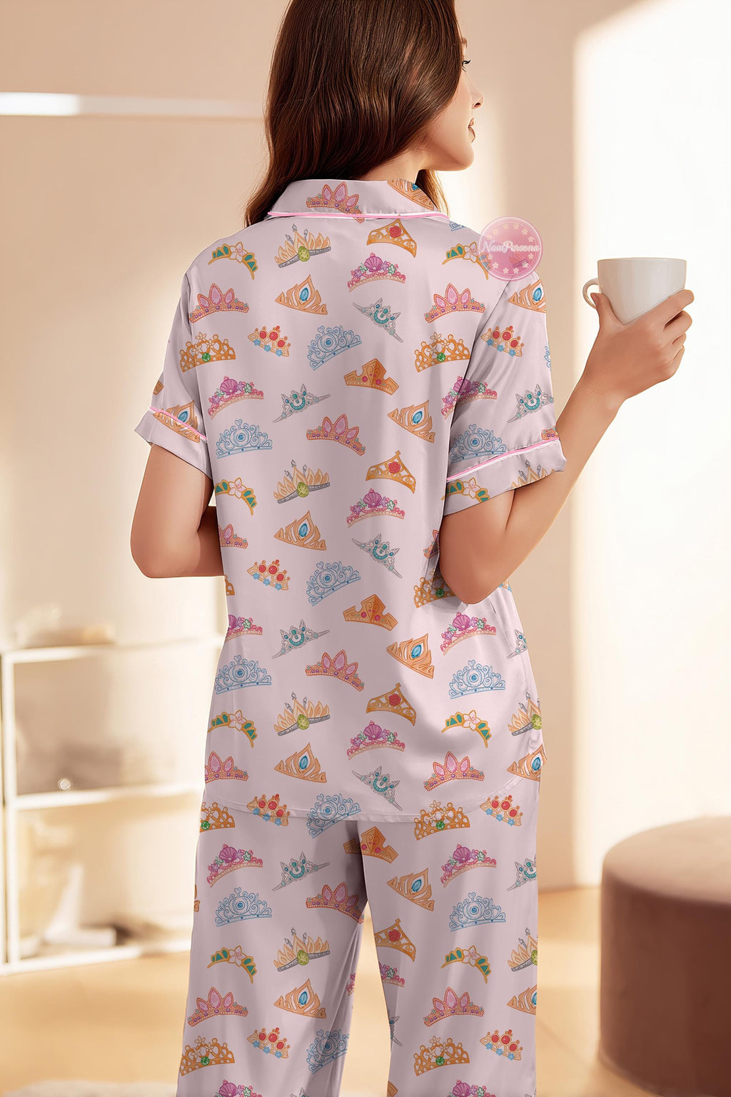 Disney Princess Crown Pajama Set, Beauty And The Beast Pajamas, Magic Kingdom Outfit, Gift for Disney Fans, Pink Tiara Sleepwear