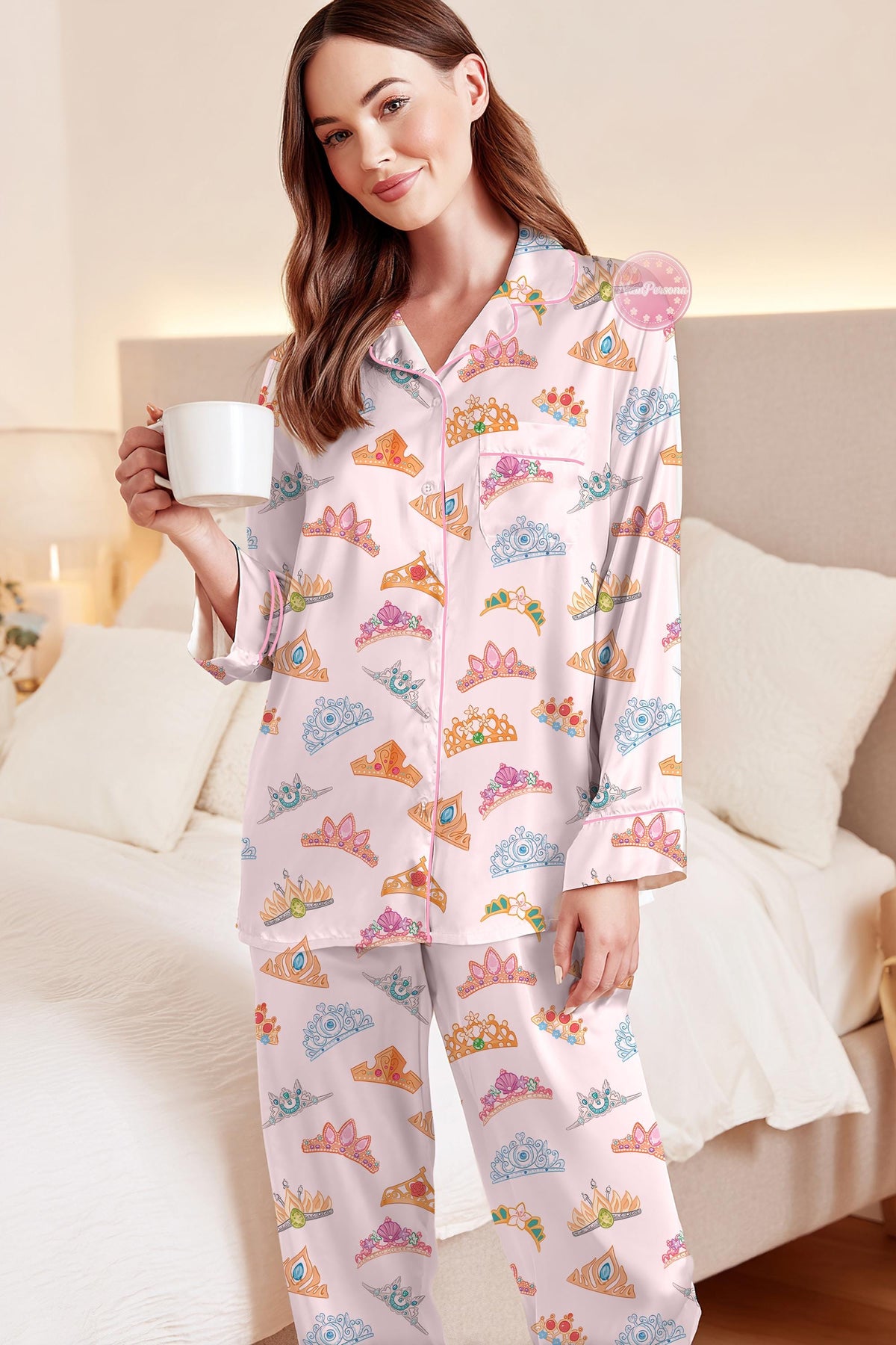 Disney Princess Crown Pajama Set, Beauty And The Beast Pajamas, Magic Kingdom Outfit, Gift for Disney Fans, Pink Tiara Sleepwear