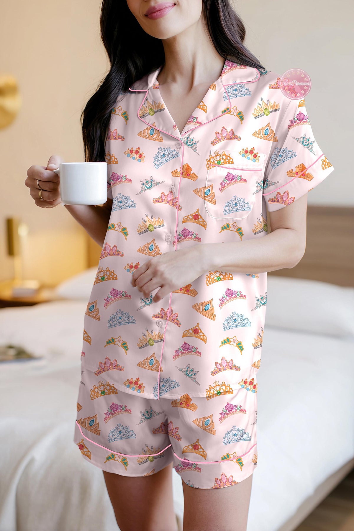 Disney Princess Crown Pajama Set, Beauty And The Beast Pajamas, Magic Kingdom Outfit, Gift for Disney Fans, Pink Tiara Sleepwear