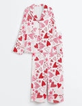 Floral Heart Pajama Set: Satin Loungewear with Contrast Piping
