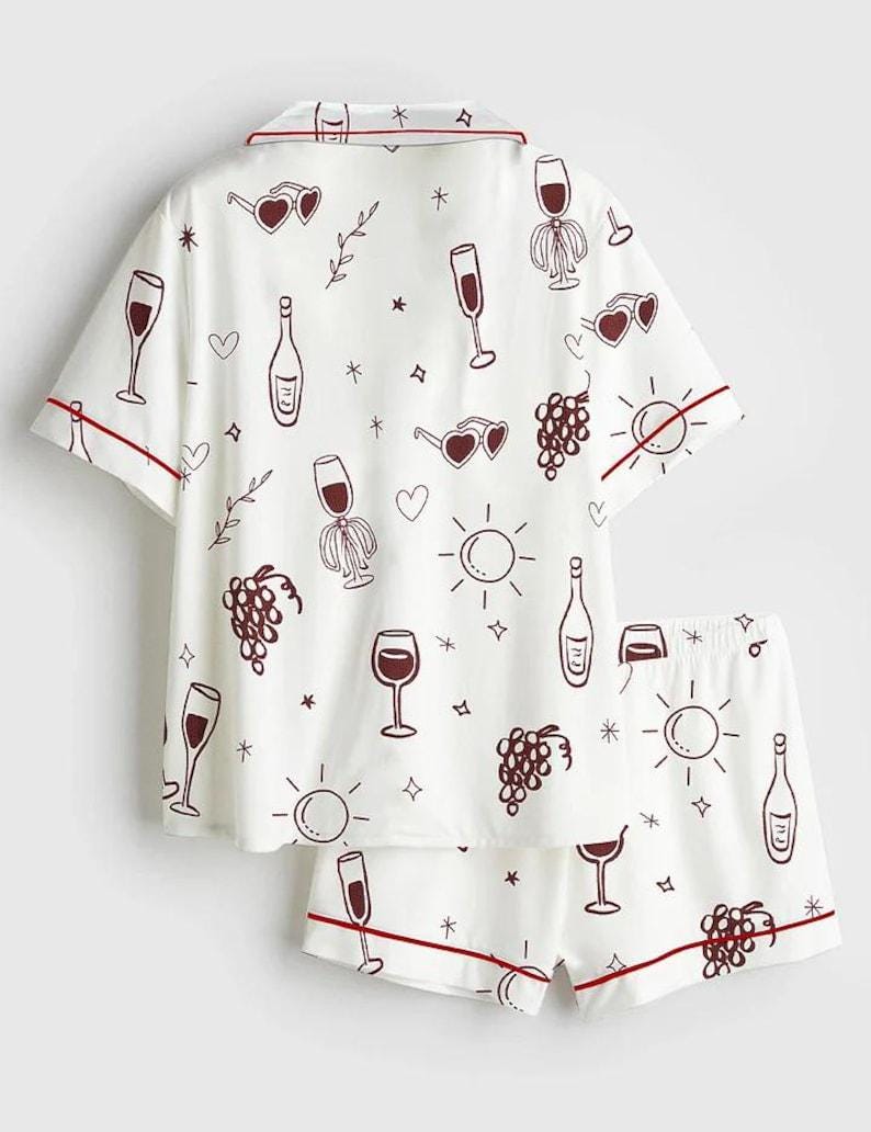 Wine Print Pajama Set, Women's Satin Loungewear