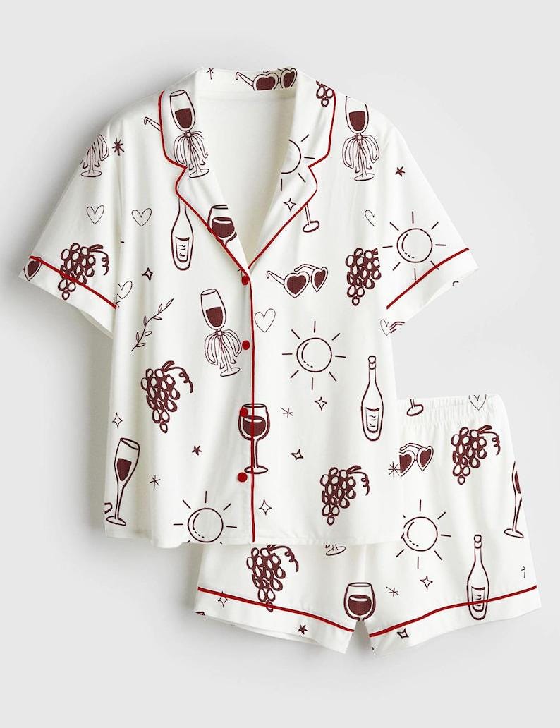 Wine Print Pajama Set, Women's Satin Loungewear