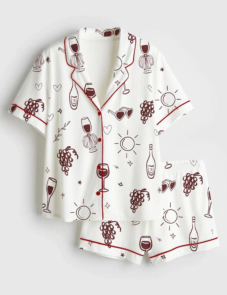 Wine Print Pajama Set, Women's Satin Loungewear