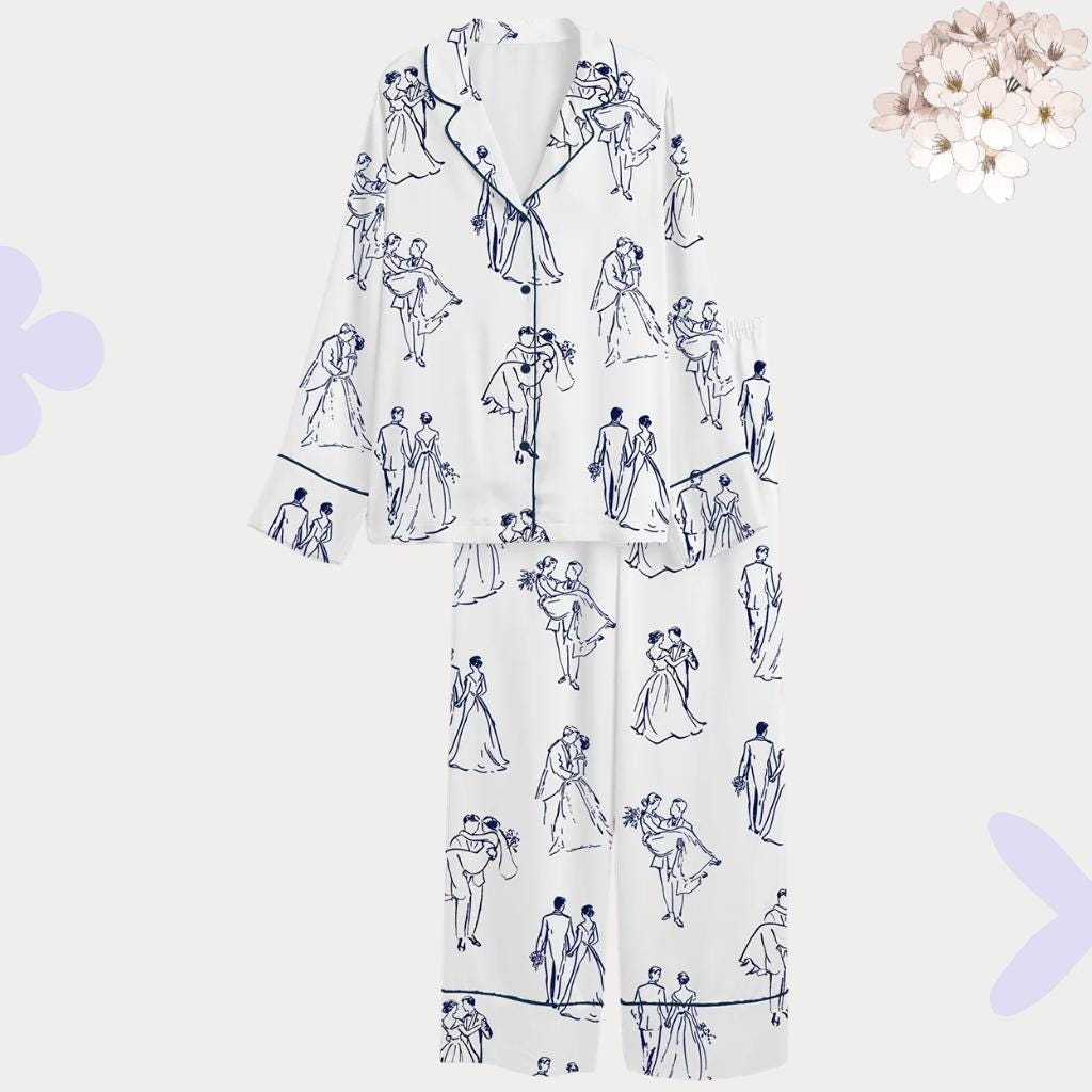 Bridal Pajama Set – Romantic Couple Sketch Wedding Sleepwear for Bride