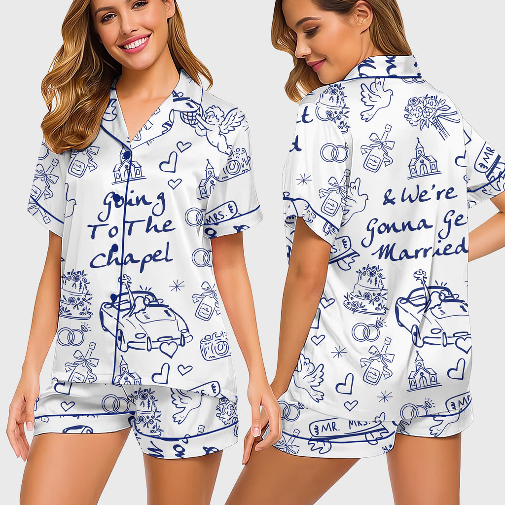 Blue Toile Wedding Pajamas, Bridal Morning Short PJs, Honeymoon Sleepwear
