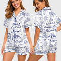 Blue Toile Wedding Pajamas, Bridal Morning Short PJs, Honeymoon Sleepwear