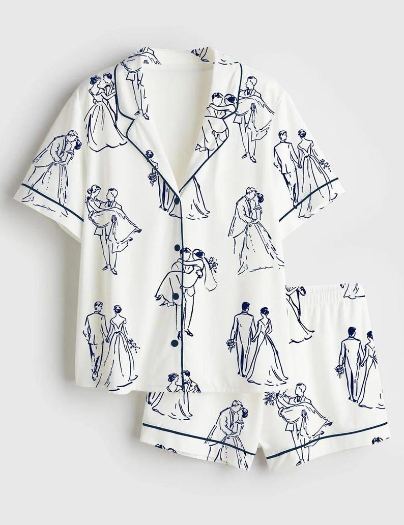 Bridal Pajama Set – Romantic Wedding Couple Line Art Print Sleepwear