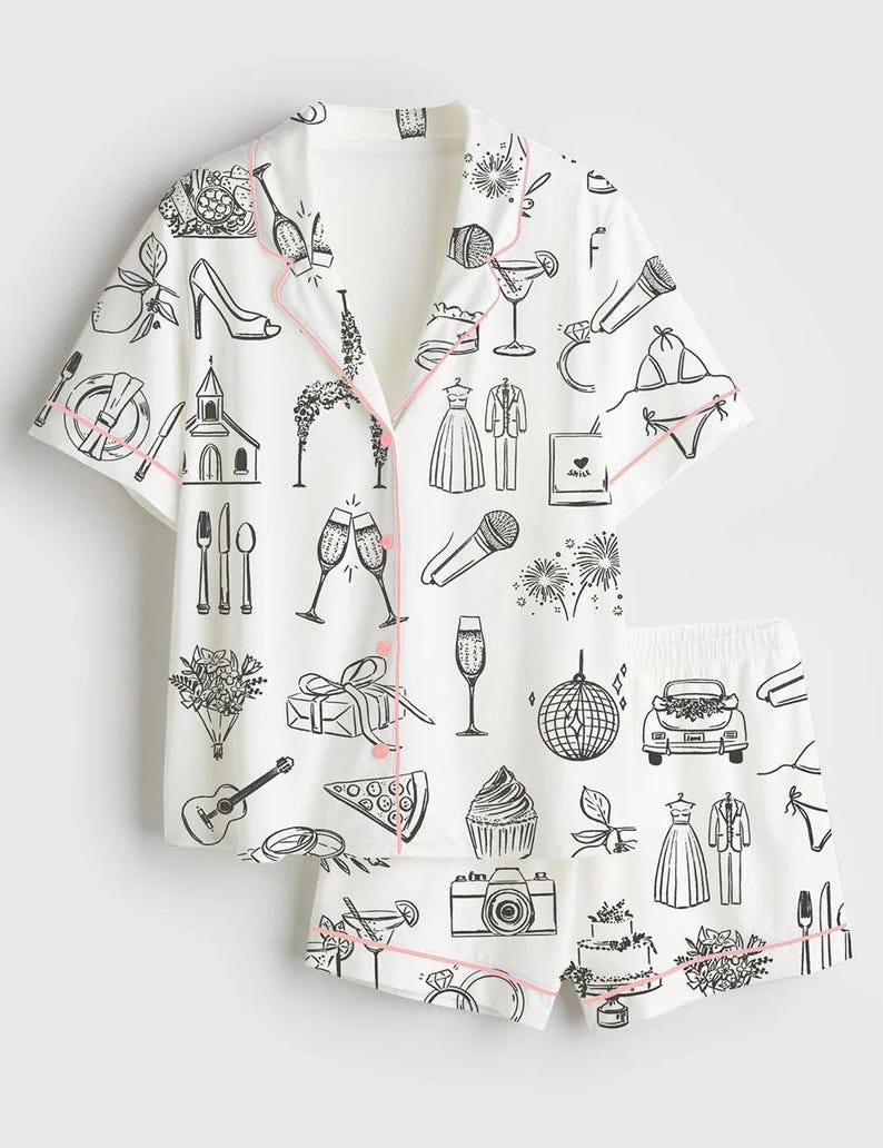 Wedding Icon Pajama Set – Bridal Party Sleepwear, Celebration Print