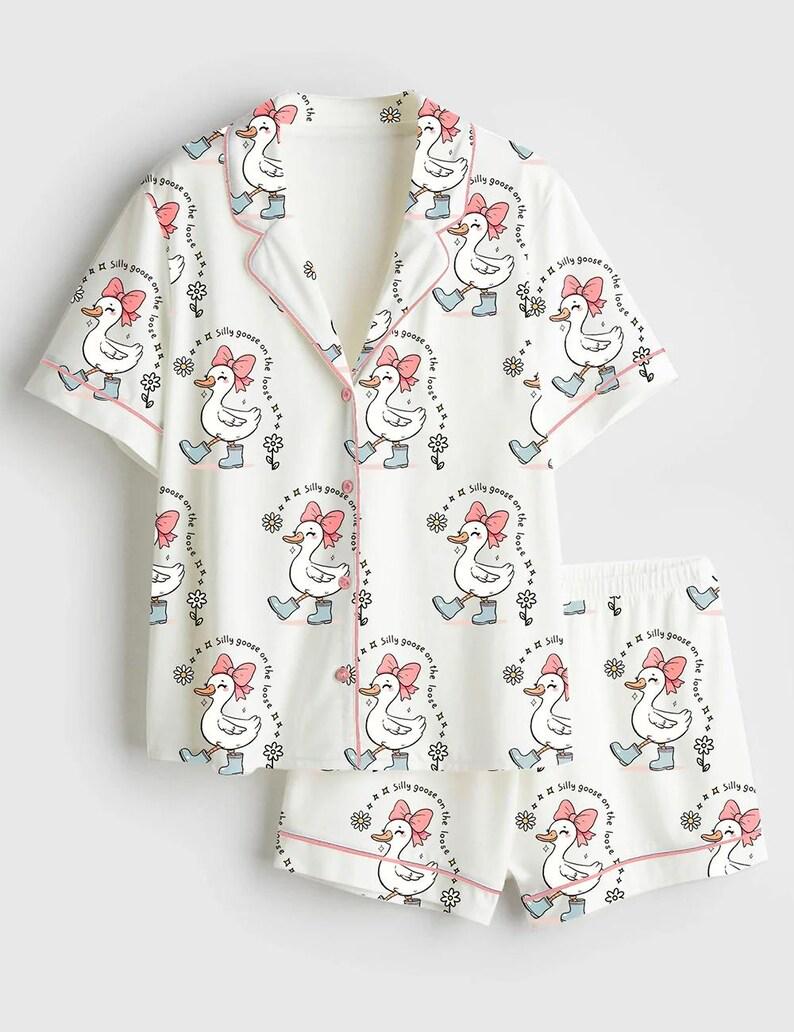 Silly Goose Pajama Set Women Silky Sleepwear Goose Print Loungewear