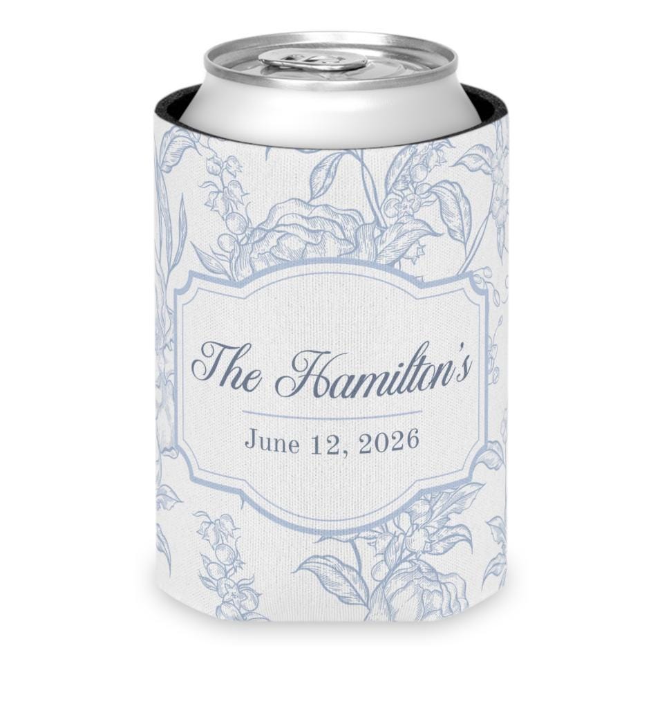 Blue and White Wedding Favor Custom Can Cooler Sleeves Personalized Cozie for Bridal Party Gift for Wedding Guests Slim and Regular Cans
