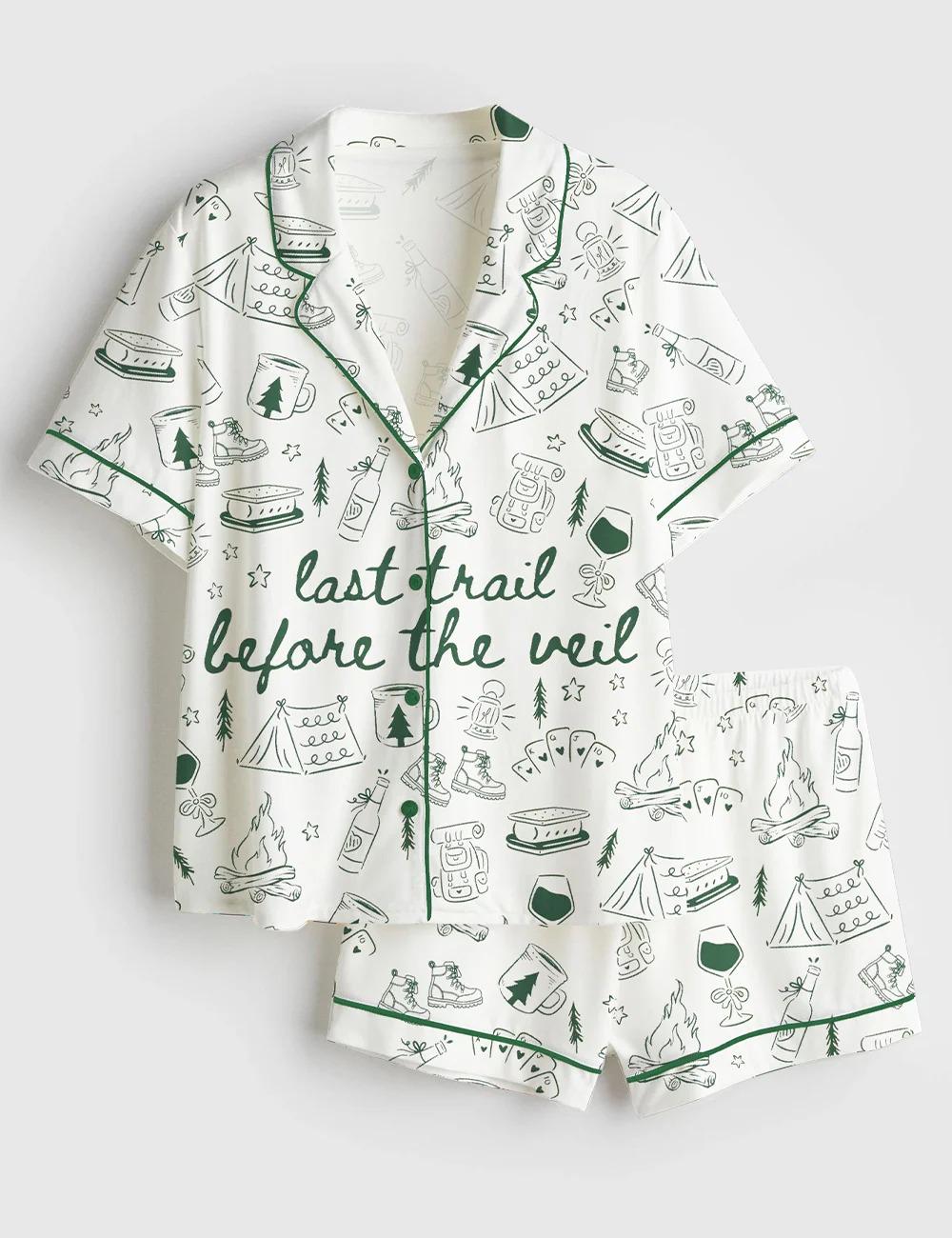 Last Trail Before the Veil Hiking Bridal Party Satin Pajama Set, Camp Bachelorette Mountain Bride Pajamas Martini Gifts For Her Last Trail
