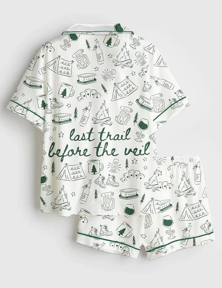 Last Trail Before the Veil Hiking Bridal Party Satin Pajama Set, Camp Bachelorette Mountain Bride Pajamas Martini Gifts For Her Last Trail