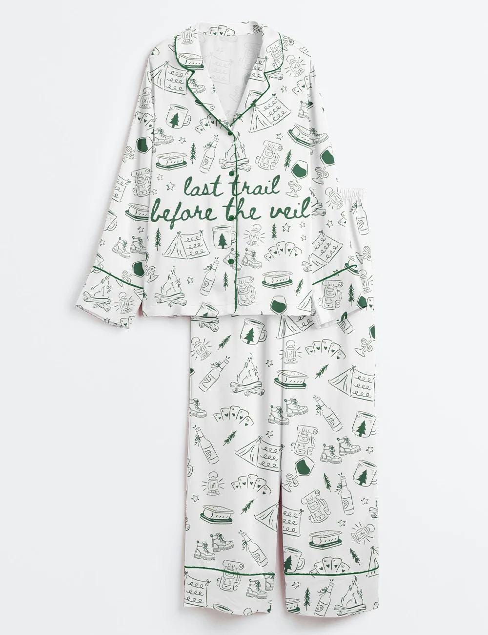 Last Trail Before the Veil Hiking Bridal Party Satin Pajama Set, Camp Bachelorette Mountain Bride Pajamas Martini Gifts For Her Last Trail