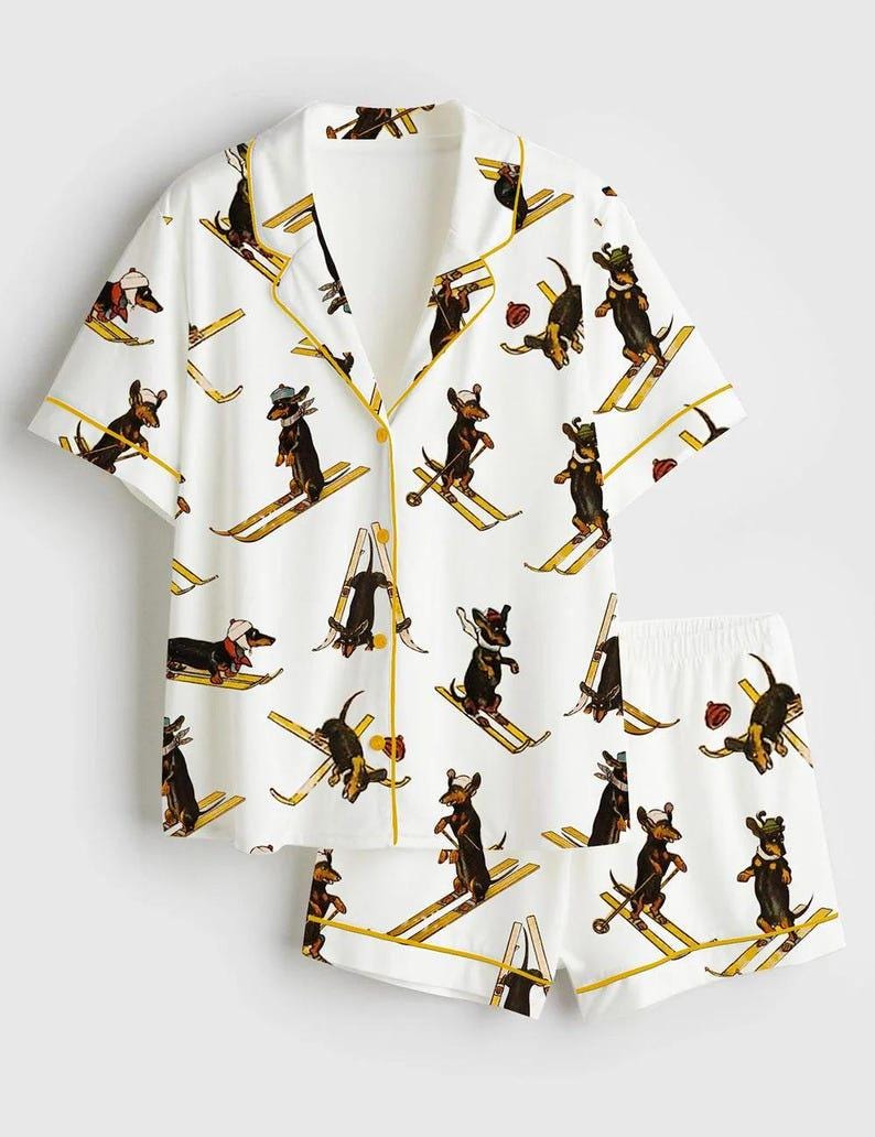 Ski Dachshund Pajama Set, Women's Winter Dog PJs, Gift for Dog Lovers