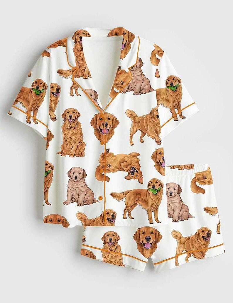 Golden Retriever Pajama Set, Dog Print Short Sleeve Sleepwear