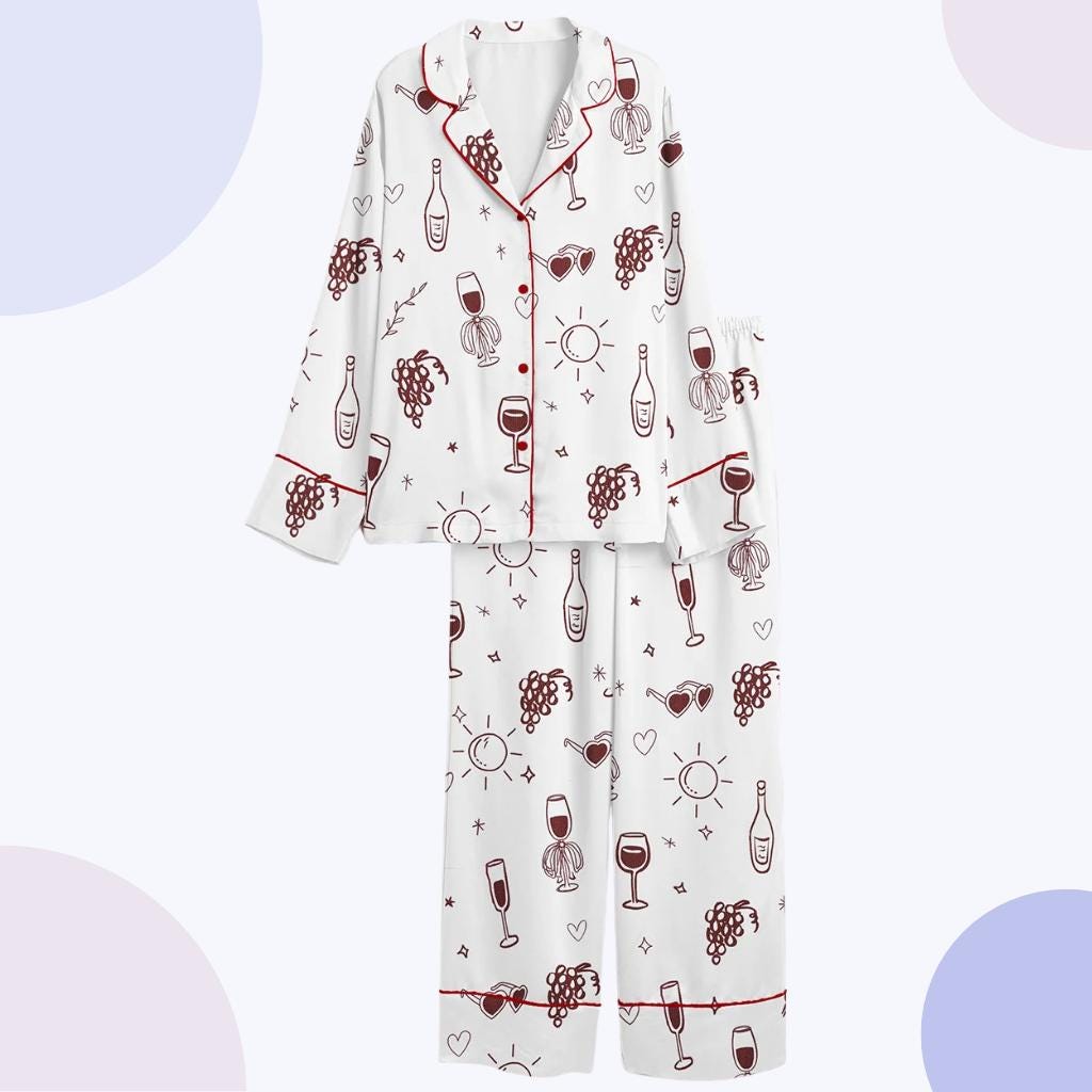 Wine Print Pajama Set – Grape & Wine Glass Short Sleeve Women's Sleepwear