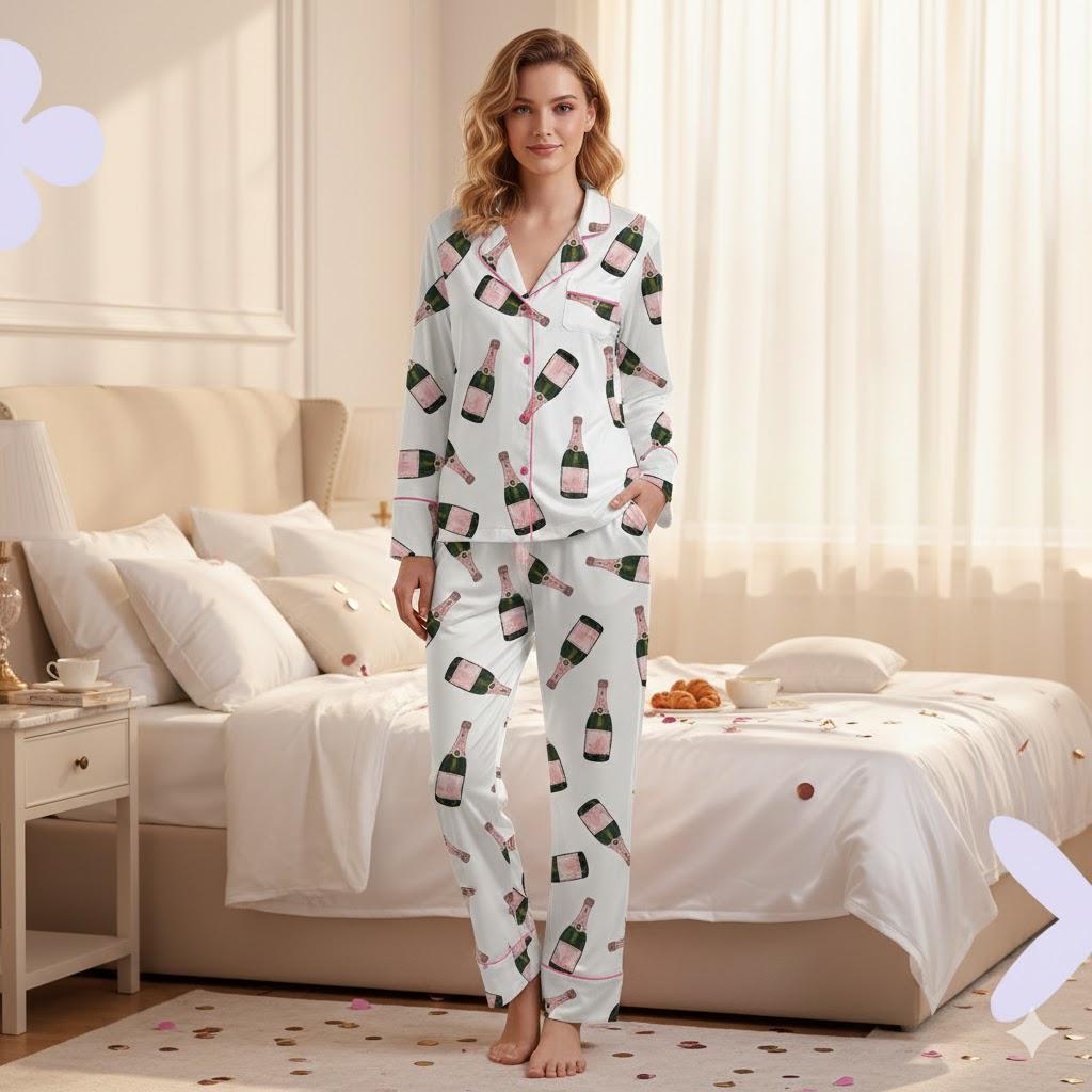 Champagne Bottle Print Pajama Set – Satin Bridal Party Women's Sleepwear