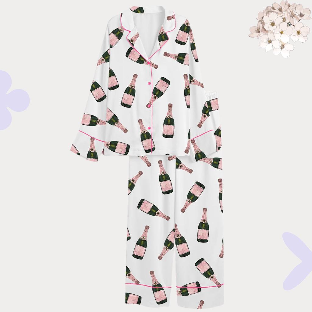 Champagne Bottle Print Pajama Set – Satin Bridal Party Women's Sleepwear