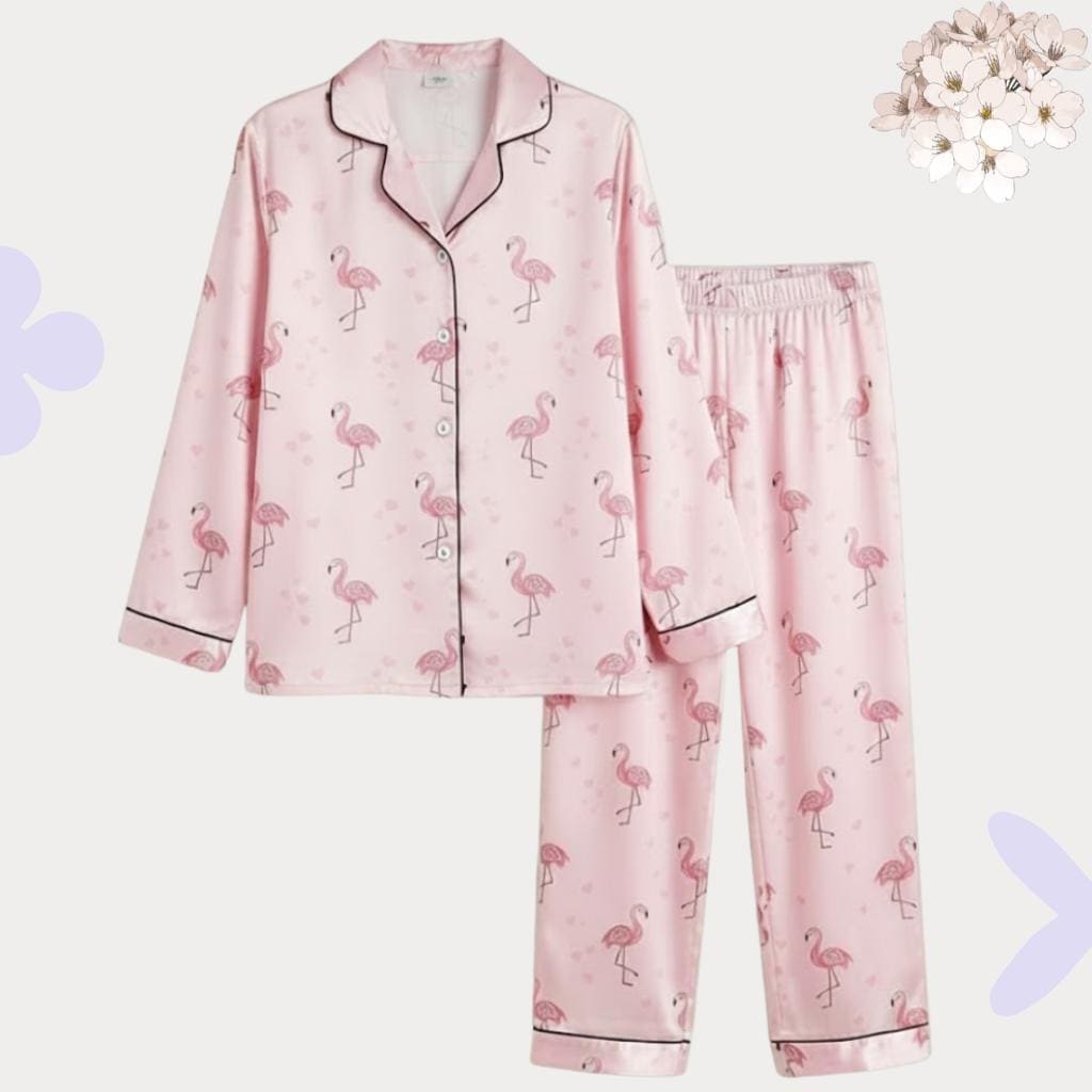 Pink Flamingo Satin Pajamas – Tropical Bridal Party Sleepwear