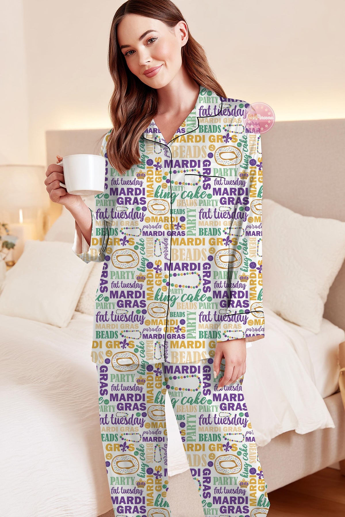 All Things Mardi Gras Pajama Set, Purple Green Gold PJs, Carnival Sleepwear, Masquerade Pajamas, New Orleans Mardi Gras Outfit, Fleur De Lis