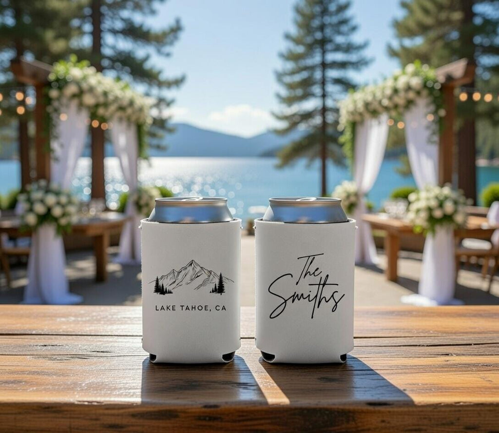 Custom Mountain Design Can Cooler Wedding Favor Bulk | Personalized Name Date, Rustic Wedding Guest Gift, Anniversary Party Drink Sleeve