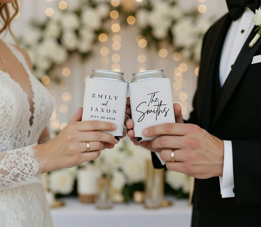 Custom Can Cooler Wedding Favor Bulk | Personalized Wedding Guest Gift, Anniversary Party, Custom Name Date Drink Sleeve