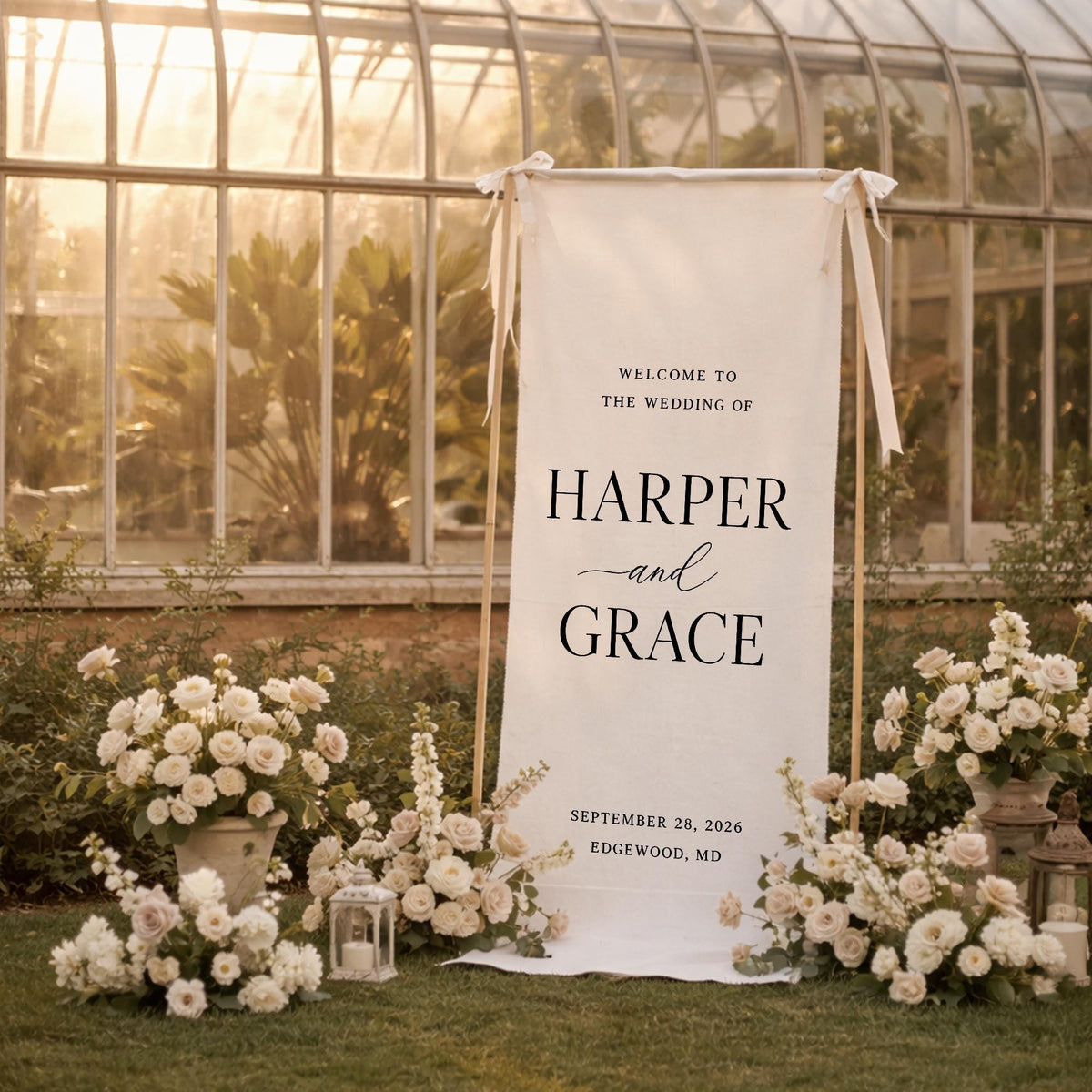 Wedding Welcome Sign Fabric Vertical Banner Personalized Names Date