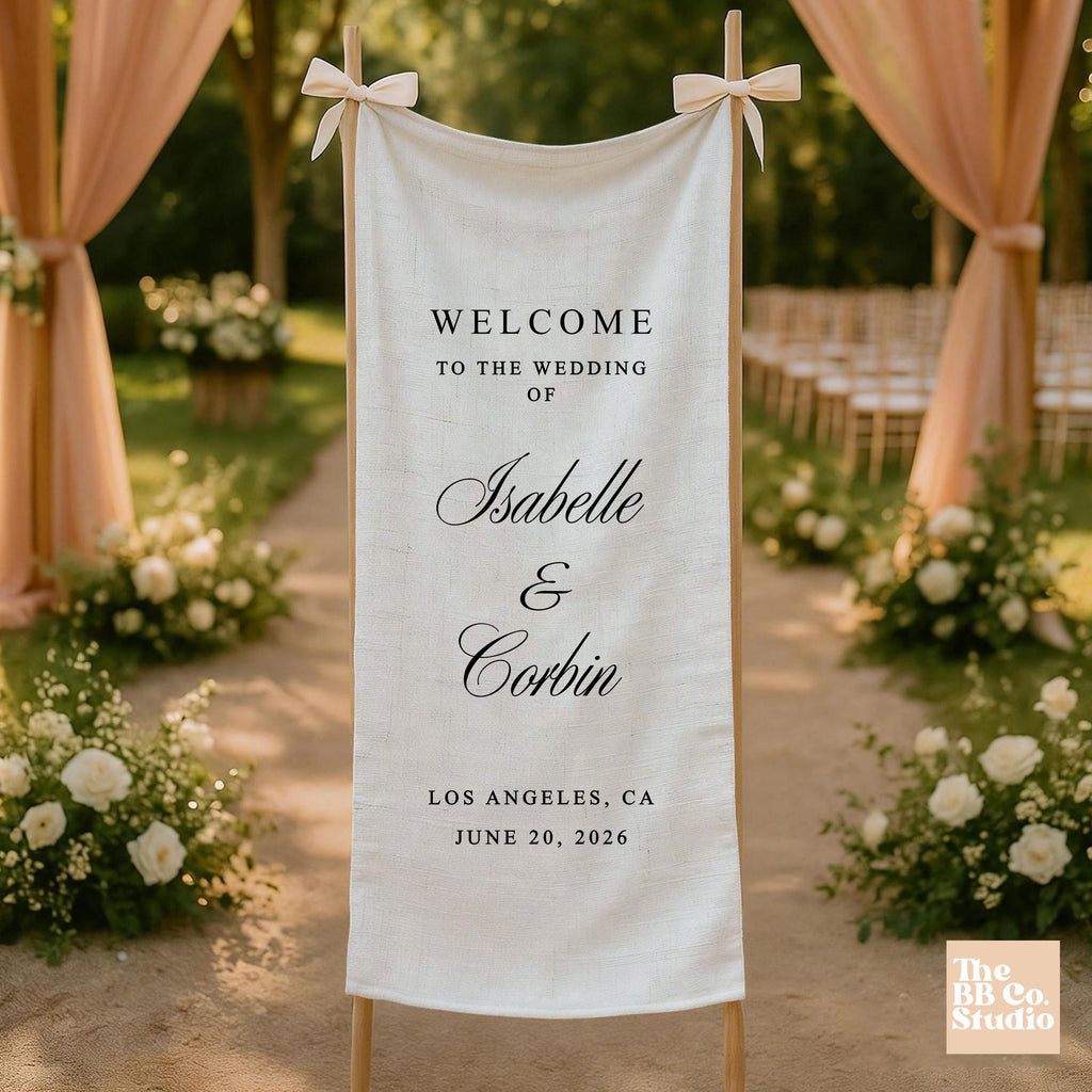 Wedding Welcome Sign, Fabric Wedding Banner – Custom Linen Wedding Sign, Outdoor Ceremony Decor, Minimalist Wedding Entrance Sign