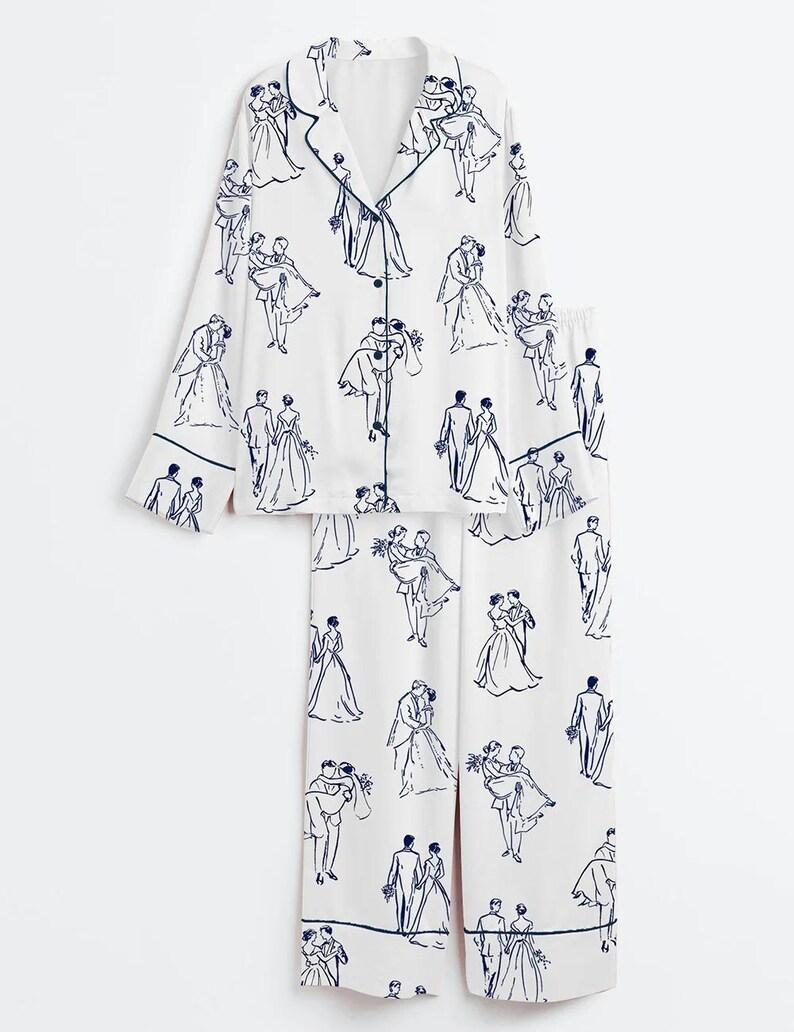 Bridal Pajama Set – Romantic Wedding Couple Line Art Print Sleepwear