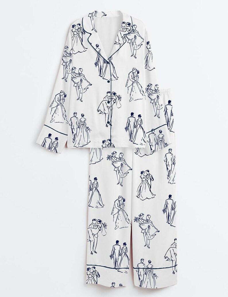 Bridal Pajama Set – Romantic Wedding Couple Line Art Print Sleepwear