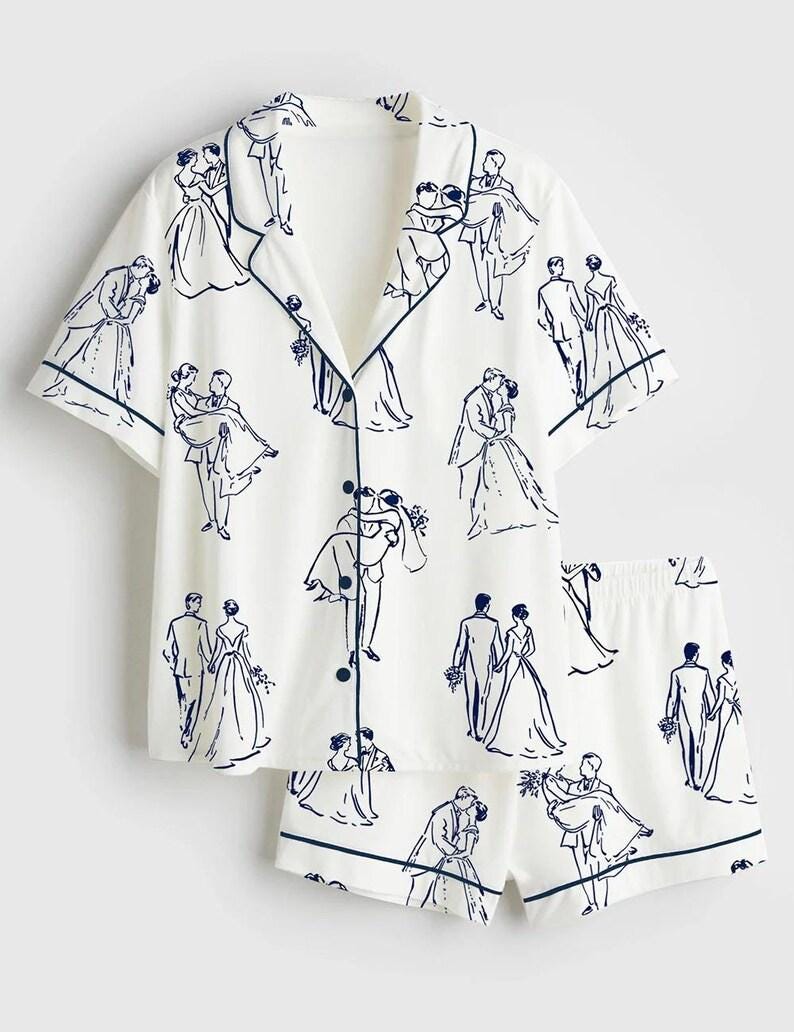 Bridal Pajama Set – Romantic Wedding Couple Line Art Print Sleepwear