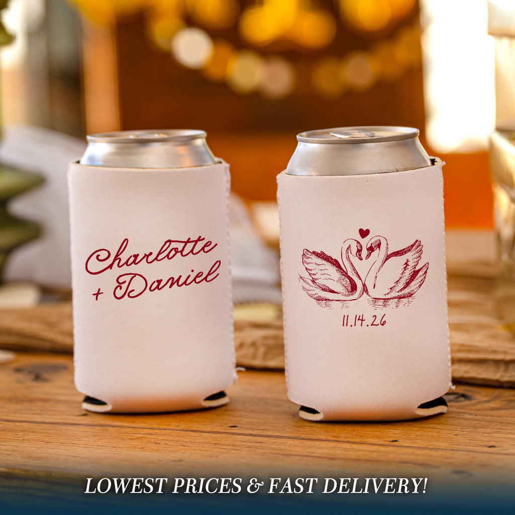 Personalized Swan Wedding Can Coolers, Elegant Just Married Favors