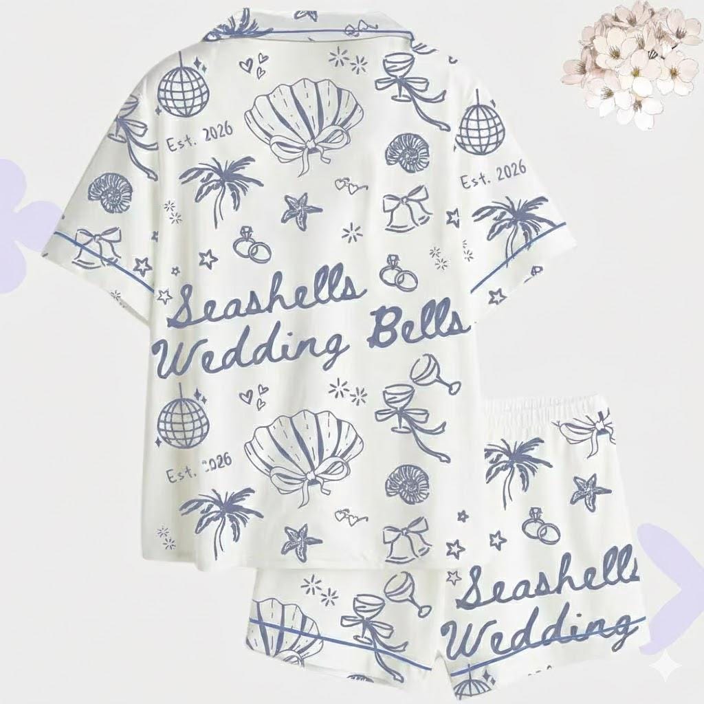 Coastal Bachelorette Pajama Set, Seashells & Wedding Bells Pajamas, Nautical Bridal PJs