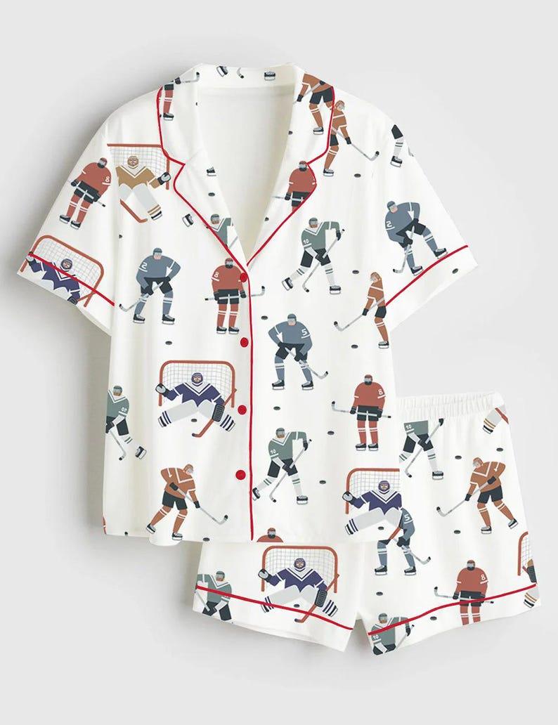 Hockey Pajama Set, Sports Print Lounge Sleepwear
