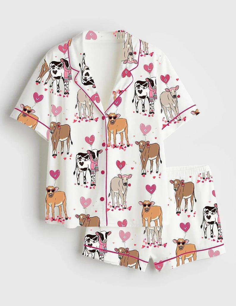 Women's Cow Print Pajama Set, Valentine Farm Sleepwear, Heart Calf Lounge Set