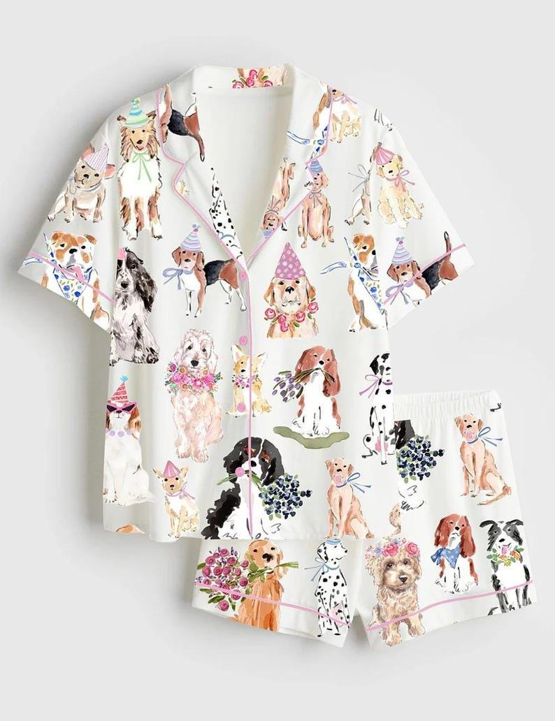 Women's Dog Print Pajama Set, Imitation Silk Sleepwear, Pet Lover Lounge Wear