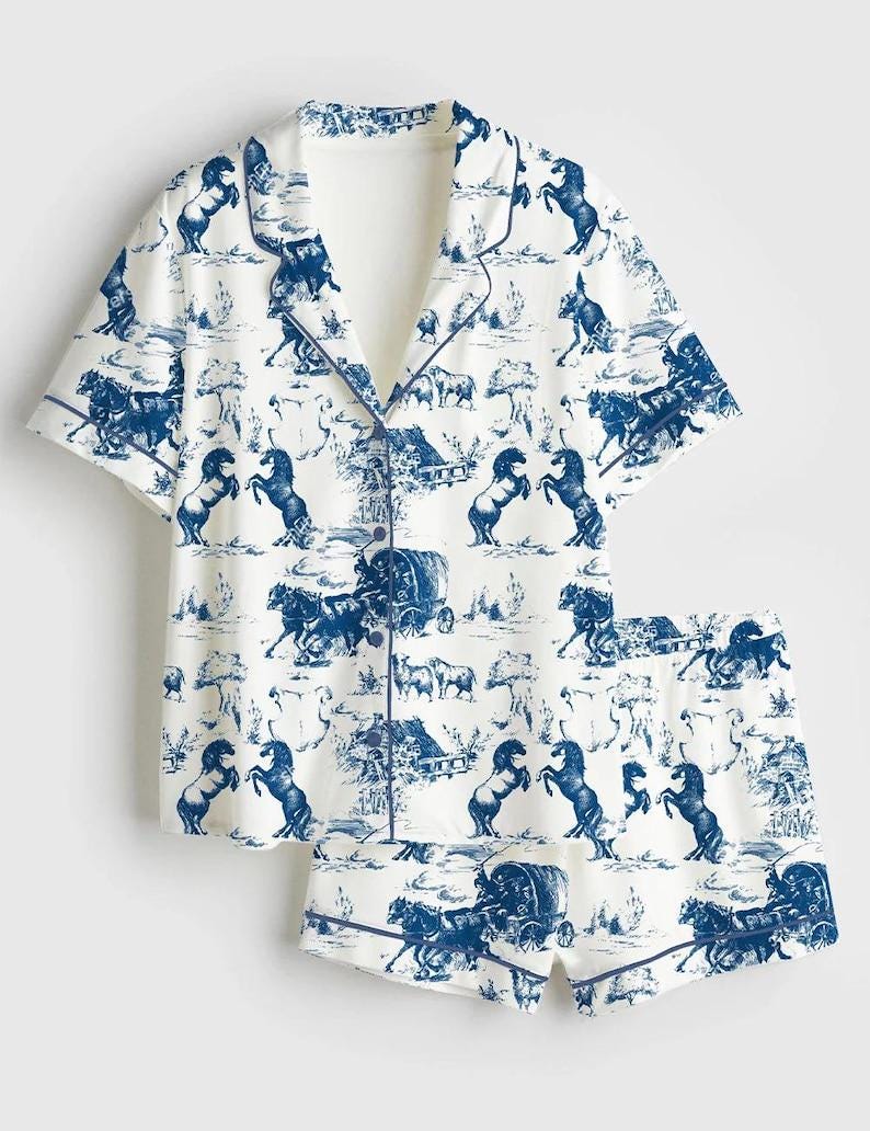 Western Horse Pajama Set Women, Blue Toile Farm Sleepwear, Country Lounge PJs