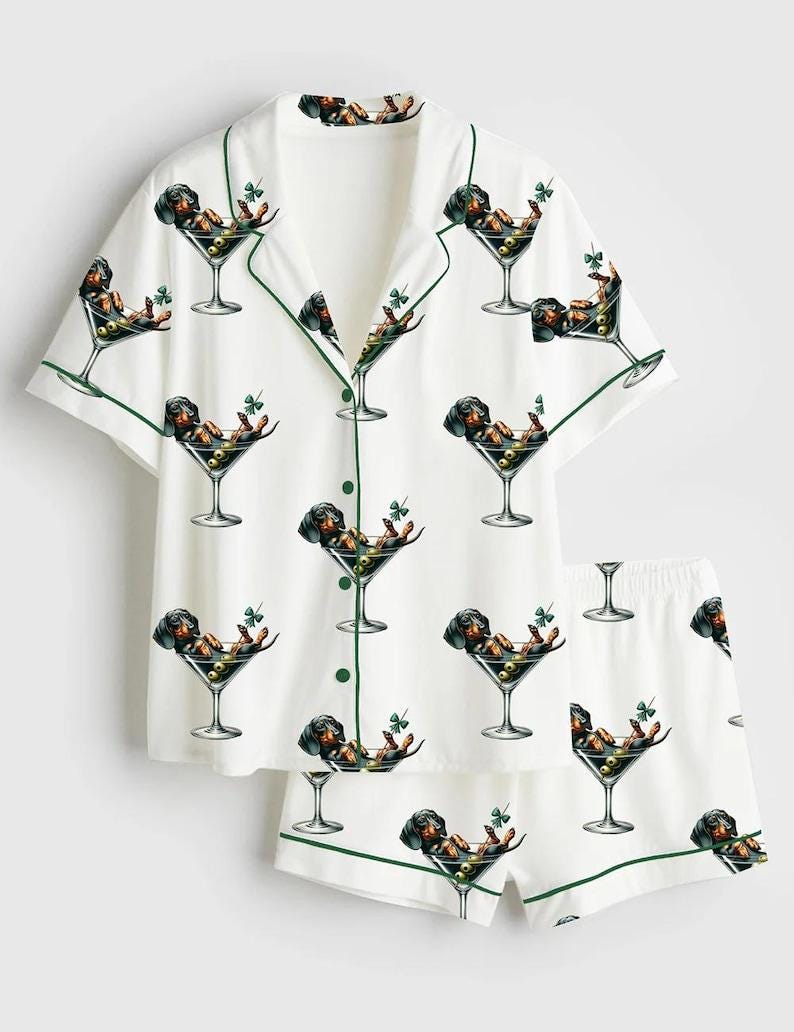 Dachshund Martini Pajama Set, Dog Cocktail Print Sleepwear, Doxie Lounge PJs