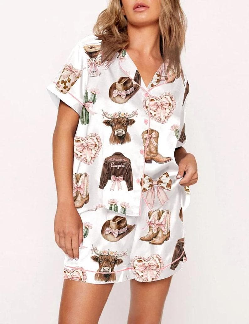 Women's Western Cowgirl Pajama Set, Pink Rodeo Print Sleepwear, Satin Lounge PJs