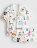 Women's Cartoon Dog Pajama Set, Puppy Print Sleepwear, Polyester Lounge PJs