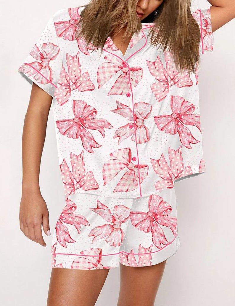 Pink Bow Pajama Set, Satin Ribbon Print Sleepwear, Coquette Lounge Loungewear