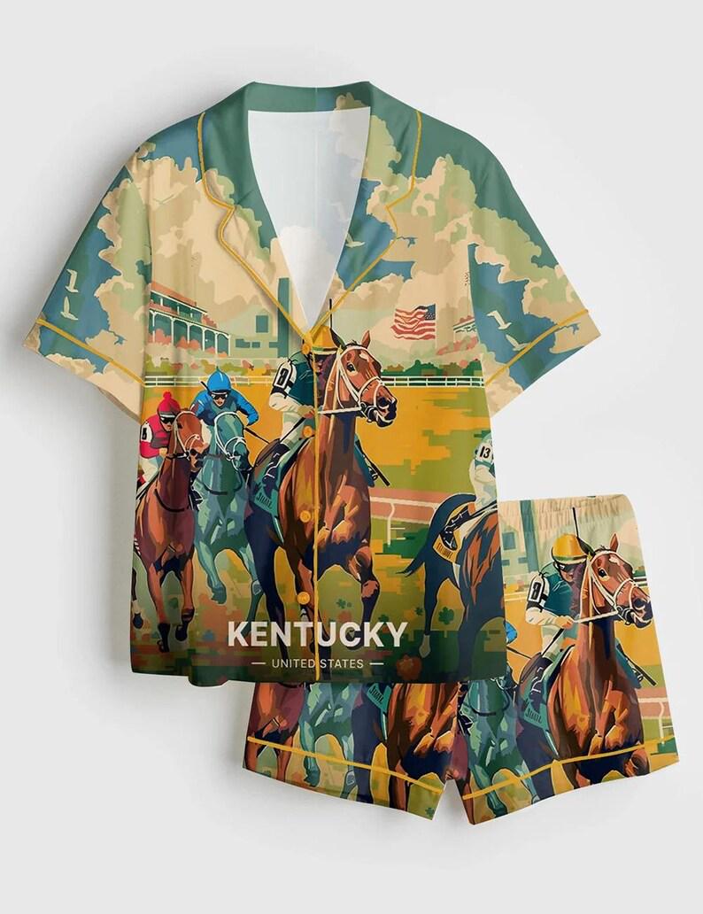 Kentucky Horse Racing Pajama Set Women, Equestrian Print Sleepwear, Vintage Race Track Lounge Pajamas