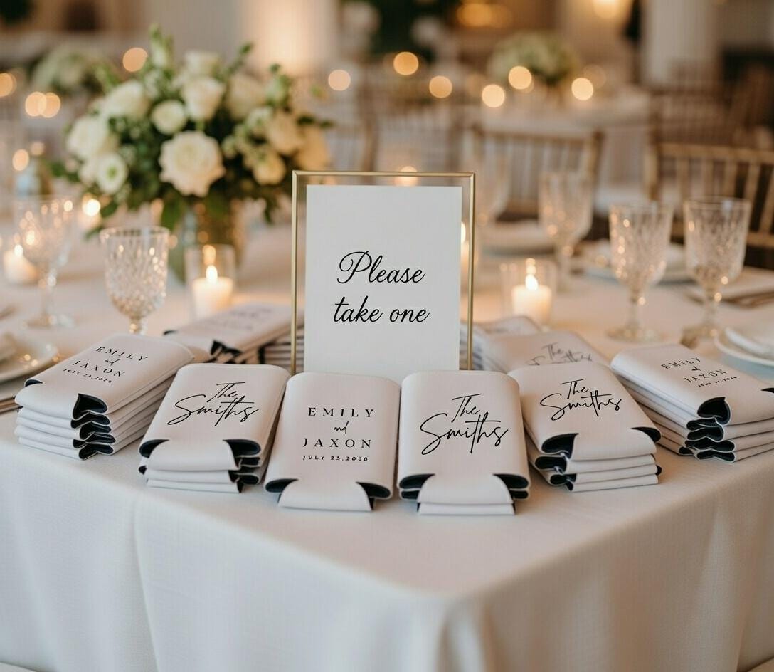 Custom Can Cooler Wedding Favor Bulk | Personalized Wedding Guest Gift, Anniversary Party, Custom Name Date Drink Sleeve