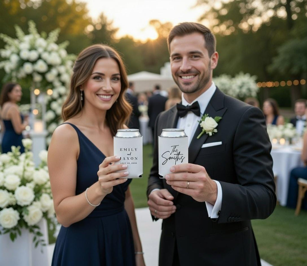 Custom Can Cooler Wedding Favor Bulk | Personalized Wedding Guest Gift, Anniversary Party, Custom Name Date Drink Sleeve