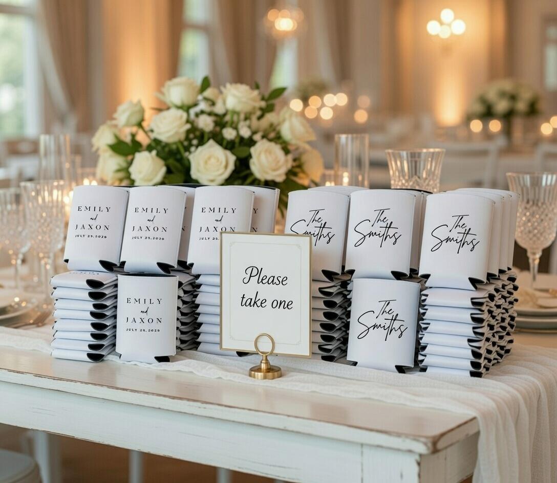 Custom Can Cooler Wedding Favor Bulk | Personalized Wedding Guest Gift, Anniversary Party, Custom Name Date Drink Sleeve