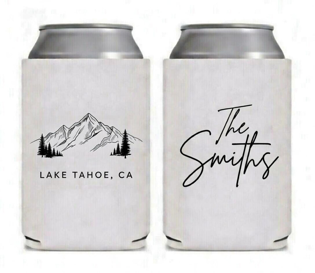 Custom Mountain Design Can Cooler Wedding Favor Bulk | Personalized Name Date, Rustic Wedding Guest Gift, Anniversary Party Drink Sleeve