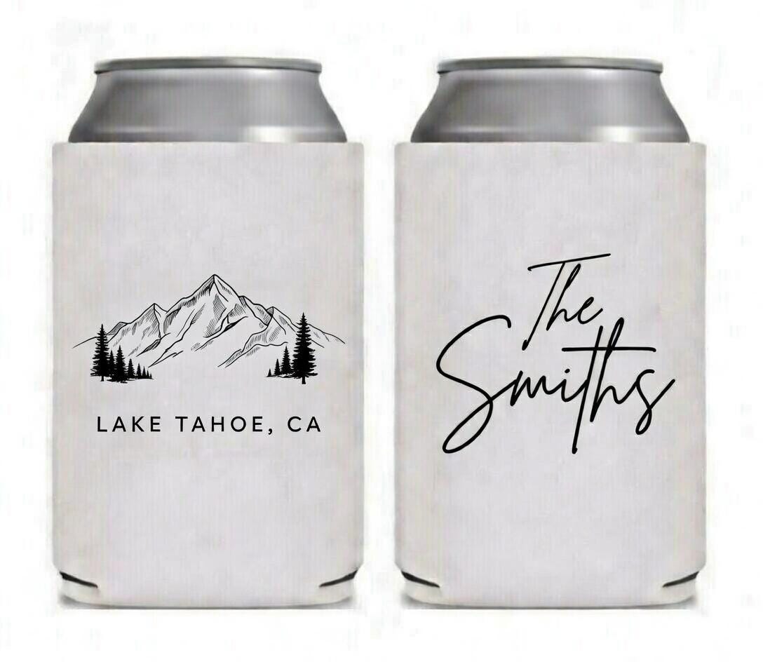 Custom Mountain Design Can Cooler Wedding Favor Bulk | Personalized Name Date, Rustic Wedding Guest Gift, Anniversary Party Drink Sleeve